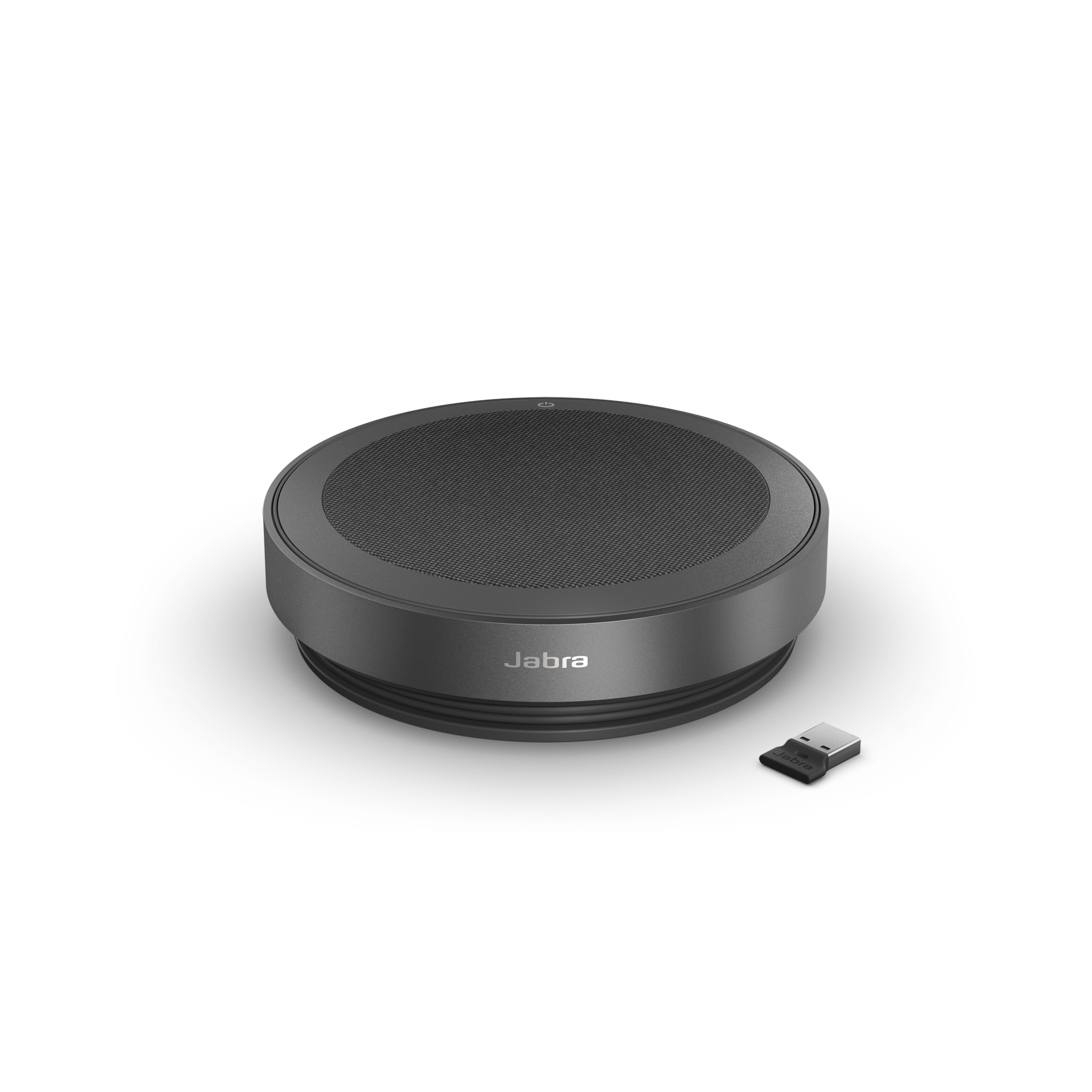 Jabra Speak2 75 สีเทาเข้ม มุมด้านหน้า พร้อมอะแดปเตอร์ USB