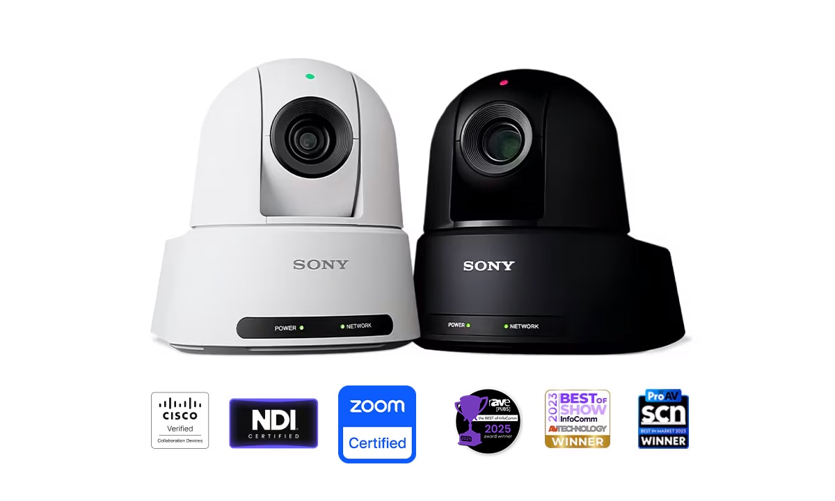 Sony SRG-A40 สีขาวและสีดำ มุมด้านหน้า เห็นเลนส์และตัวกล้องครบ