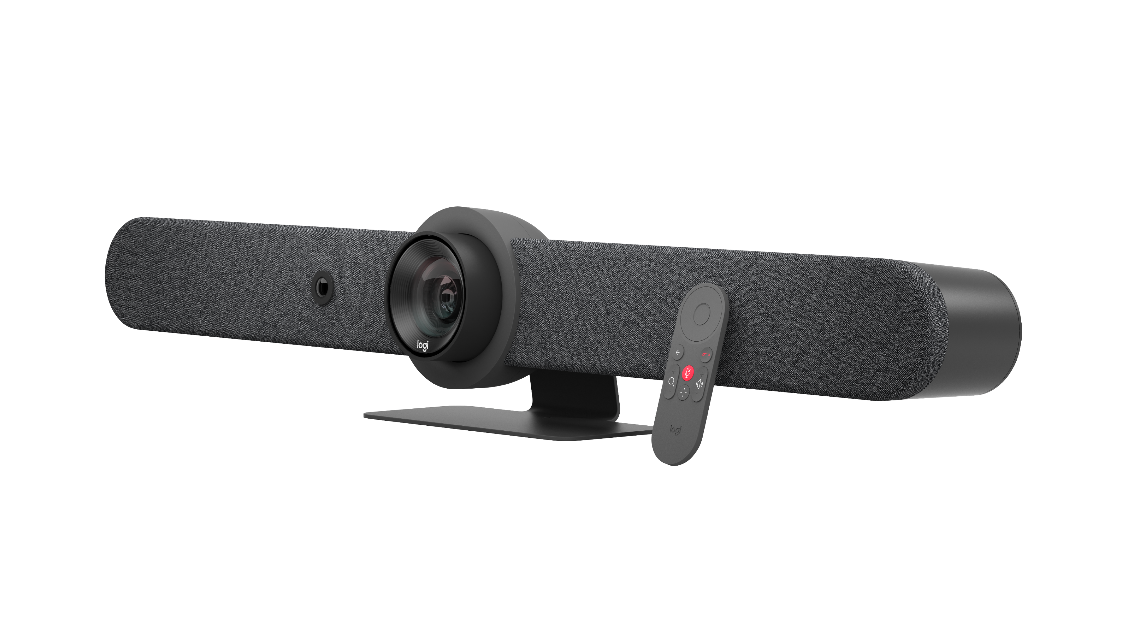 ภาพจาก Logitech: Rally Bar สี Graphite มุมเฉียงพร้อมรีโมต